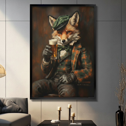 Framed fox with beer pint wall art canvas in modern living room — dark vintage oil painting of dapper fox in tartan flat cap and plaid jacket