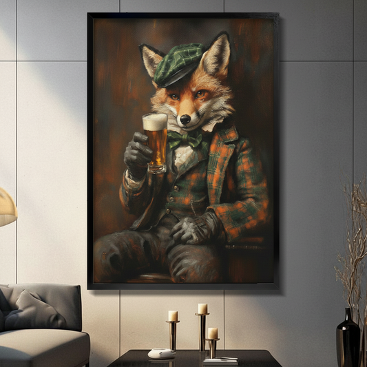 Framed fox with beer pint wall art canvas in modern living room — dark vintage oil painting of dapper fox in tartan flat cap and plaid jacket