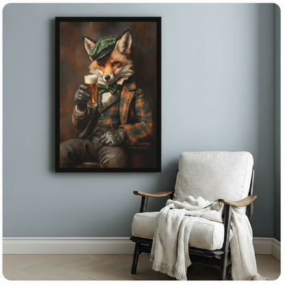 Framed fox beer pint art print on blue-grey wall beside armchair — vintage oil painting portrait of fox in green tartan cap with bow tie and plaid jacket