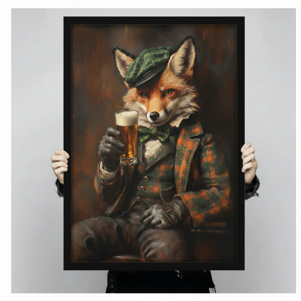 Close-up of framed dapper fox with beer pint print held by hands — dark vintage animal portrait oil painting, fox in tartan flat cap and plaid suit detail