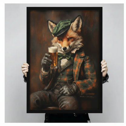 Close-up of framed dapper fox with beer pint print held by hands — dark vintage animal portrait oil painting, fox in tartan flat cap and plaid suit detail
