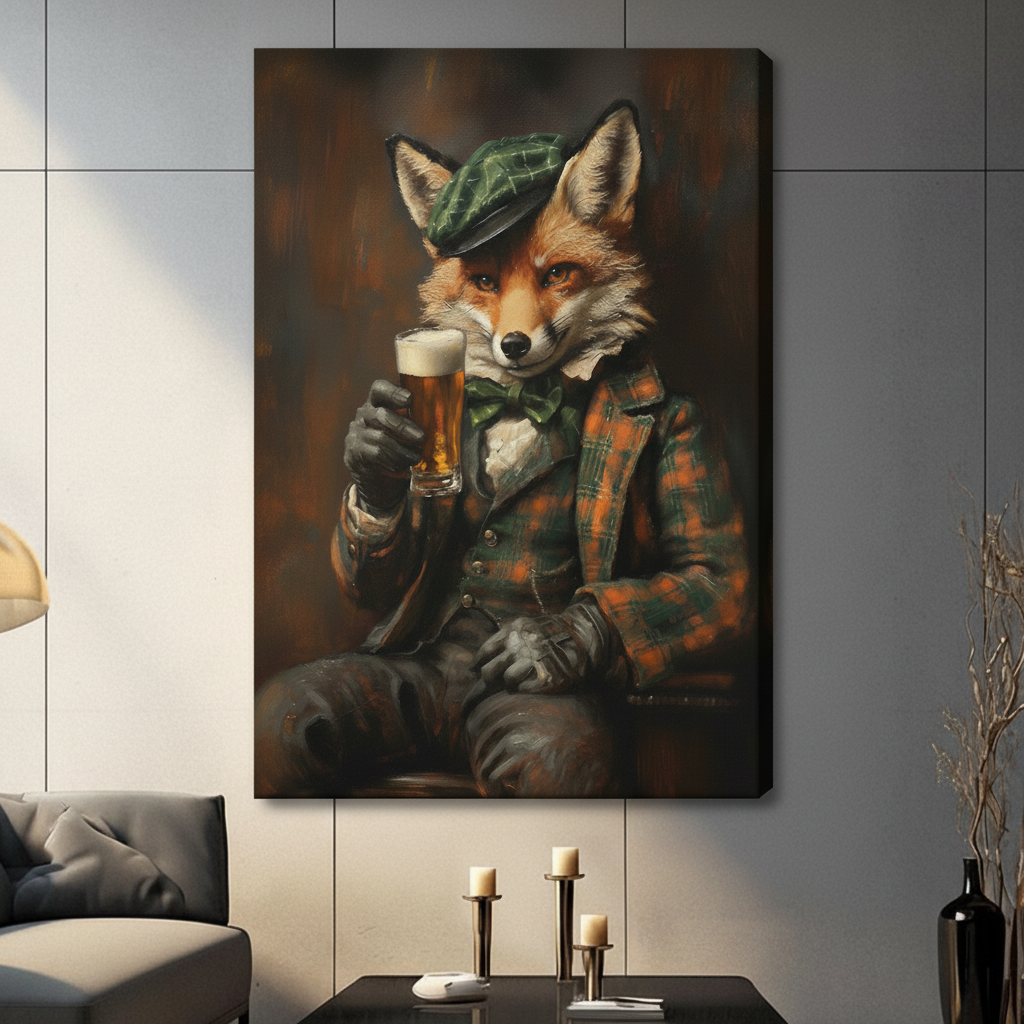 Gallery wrap canvas of dapper fox holding beer pint — dark vintage animal portrait oil painting in tartan cap and plaid jacket, living room wall decor