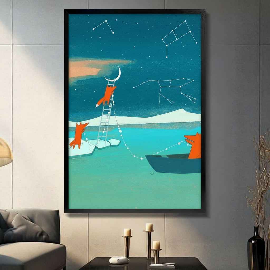 Framed whimsical wall art of three orange foxes — one climbing a ladder to the crescent moon, one on an ice floe, one in a boat — surrounded by star constellations on a teal night sky, displayed in a modern dark grey living room