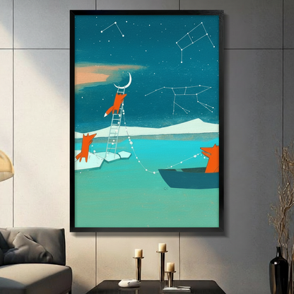 Framed whimsical wall art of three orange foxes — one climbing a ladder to the crescent moon, one on an ice floe, one in a boat — surrounded by star constellations on a teal night sky, displayed in a modern dark grey living room