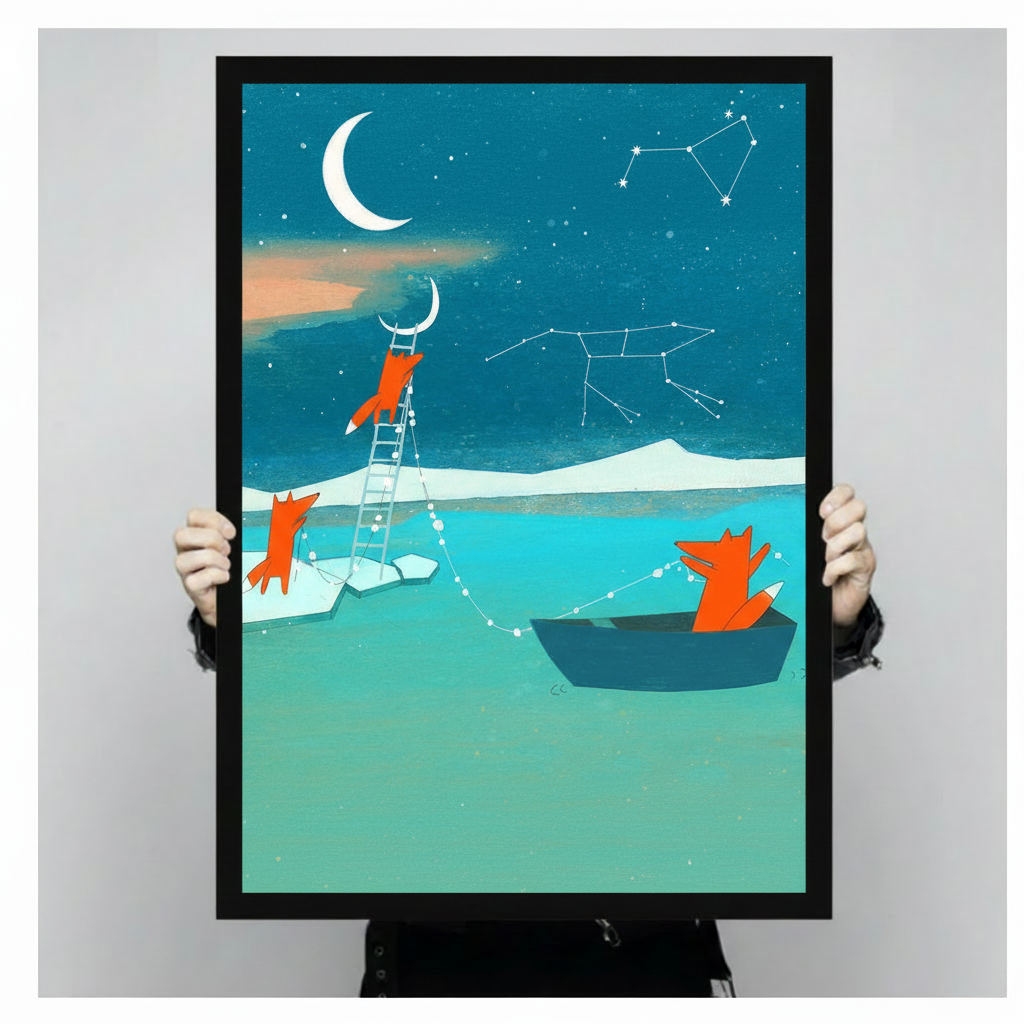 Close-up of fox constellation and crescent moon framed art print held by hands, showing vibrant teal and orange colors