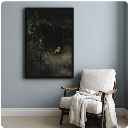 Moody woodland fox framed art print on blue-grey wall beside a cozy white armchair with throw blanket