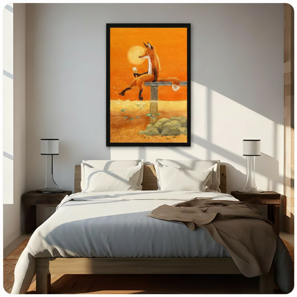 Whimsical red fox sitting on wooden dock holding ice cream cone with small green fish below, black float frame canvas wall art above bed in warm sunlit American bedroom
