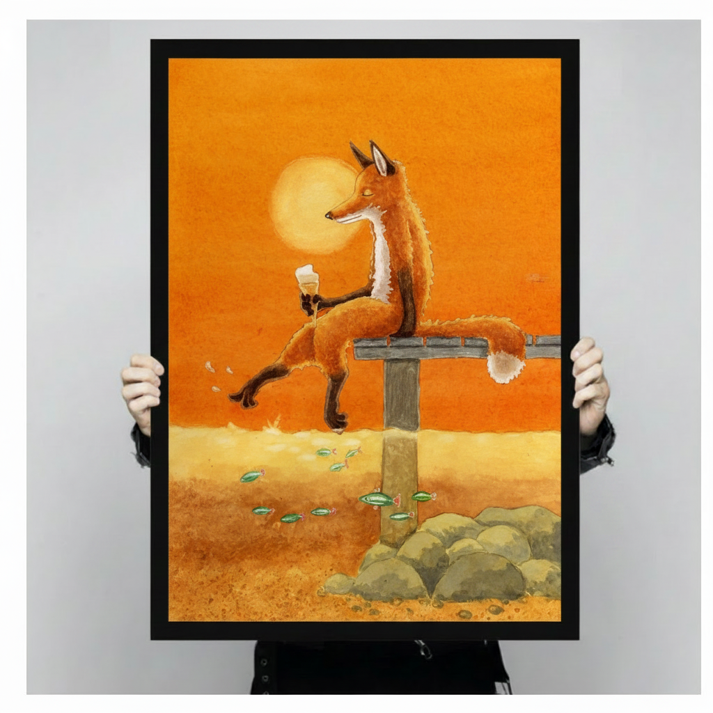 Person holding large black framed canvas print of red fox perched on dock with ice cream cone and green fish in golden amber orange landscape, product size display shot