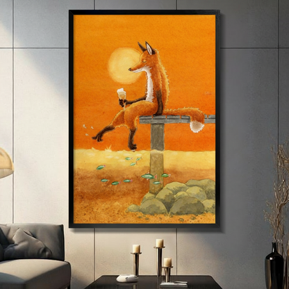 Whimsical fox fishing dock canvas wall art in black float frame on gray tile wall above console table with candle holders in modern American living room, warm orange tones