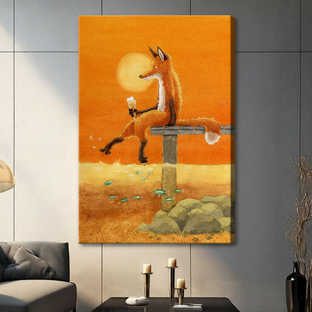 Red fox sitting on dock with ice cream holding fishing line above green fish, frameless gallery wrap stretched canvas on gray tile wall in modern American living room, orange wrap edge visible
