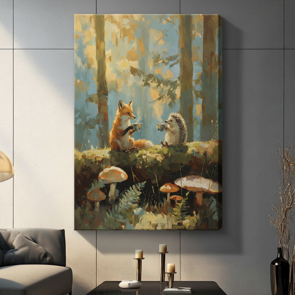 Whimsical impressionist oil painting of a red fox and hedgehog sitting face to face on a moss-covered woodland log holding delicate teacups surrounded by oversized autumn mushrooms and ferns in a sun-dappled birch forest stretched canvas wall art print hanging in a contemporary living room with gray tiled wall