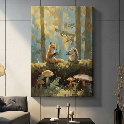 Whimsical impressionist oil painting of a red fox and hedgehog sitting face to face on a moss-covered woodland log holding delicate teacups surrounded by oversized autumn mushrooms and ferns in a sun-dappled birch forest stretched canvas wall art print hanging in a contemporary living room with gray tiled wall