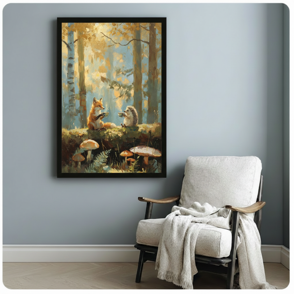 Enchanting cottagecore oil painting of a fluffy orange fox and small hedgehog enjoying a woodland tea party on a mossy log with clusters of red-brown toadstools and lush fern plants bathed in warm golden autumn forest light framed art poster displayed beside a white fabric lounge chair with draped throw blanket against a soft blue-gray wall