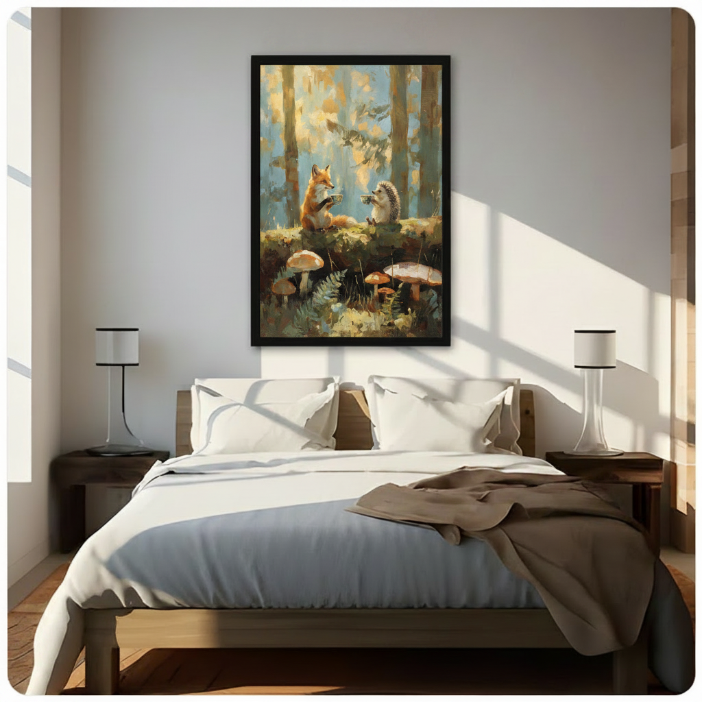 Magical cottagecore impressionist oil painting of an orange fox and hedgehog sharing a cozy tea moment on a moss-draped log in a glowing autumn forest with large brown-red mushrooms fern undergrowth and dappled golden birch tree light framed wall art print hanging above a modern bedroom bed with white linen bedding, dark wood nightstands, and minimalist white table lamps