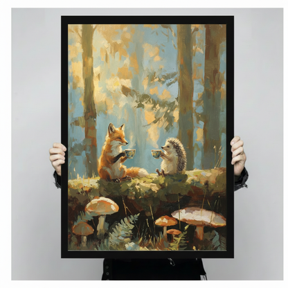 Storybook impressionist oil painting of a bright orange fox and grey hedgehog toasting teacups together on a mossy woodland log surrounded by tall red mushrooms and green ferns with warm golden sunlight streaming through an autumn birch forest framed wall art print held up for size reference against a light gray neutral background