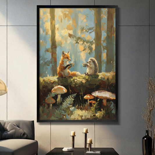 Charming impressionist oil painting of an orange fox and gray hedgehog sharing tea on a mossy log in an enchanted autumn forest surrounded by large red-brown mushrooms and fern fronds with golden sunlight filtering through birch trees framed wall art print displayed in a living room with dark gray sofa, pillar candle holders, and black decorative vase