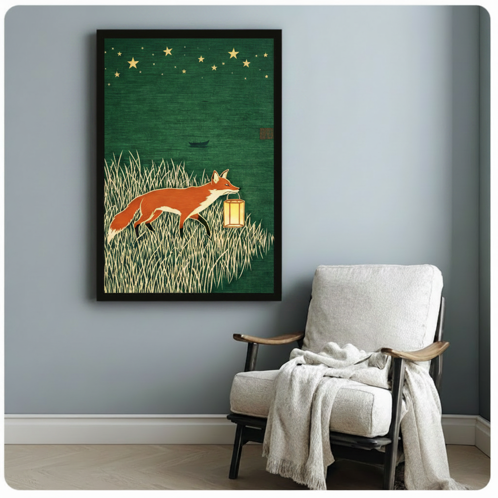 Black framed fox lantern art print on light gray wall above armchair, Japanese-inspired nature illustration