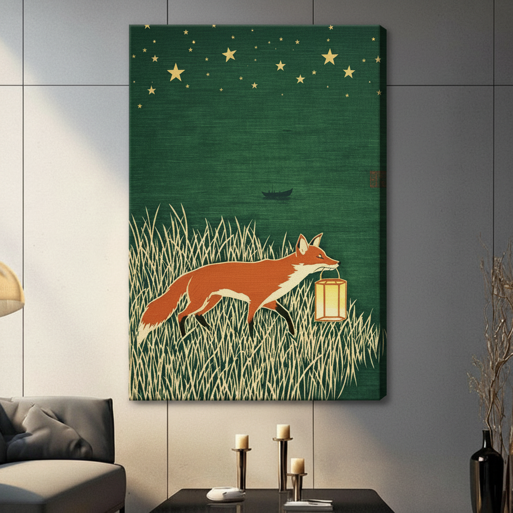 
Alt text：Gallery wrap canvas of fox carrying lantern through tall grass under starry green sky, living room decor