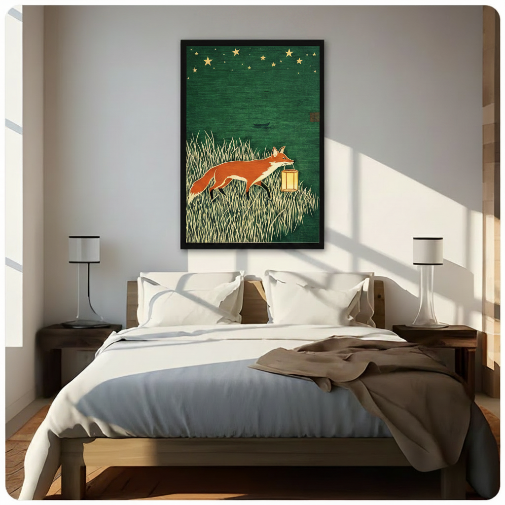 Framed fox with glowing lantern wall art hung above bed in minimalist bedroom, gold stars on dark green background