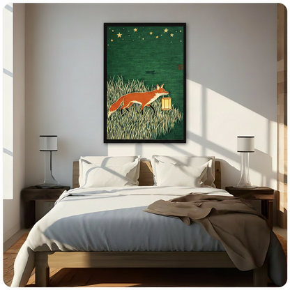 Framed fox with glowing lantern wall art hung above bed in minimalist bedroom, gold stars on dark green background