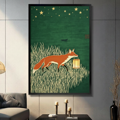 Framed fox with lantern wall art print displayed in modern living room, green night sky with gold stars