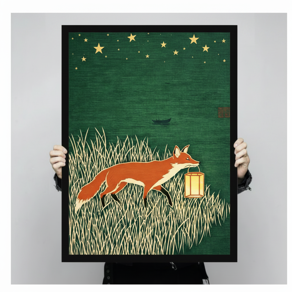 Close-up of framed fox and lantern wall art print held by hands, showing detailed woodblock-style illustration