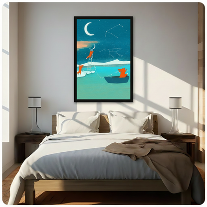 Framed whimsical fox wall art with three orange foxes in a moonlit teal landscape with crescent moon and star constellations, hung above a wooden bed in a bright sunlit minimalist bedroom