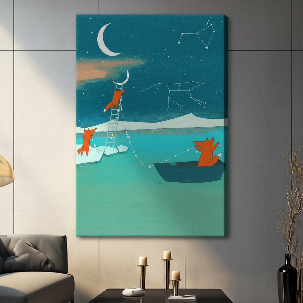 Foxes reaching for the moon canvas wall art with teal night sky and constellation design, gallery wrap style