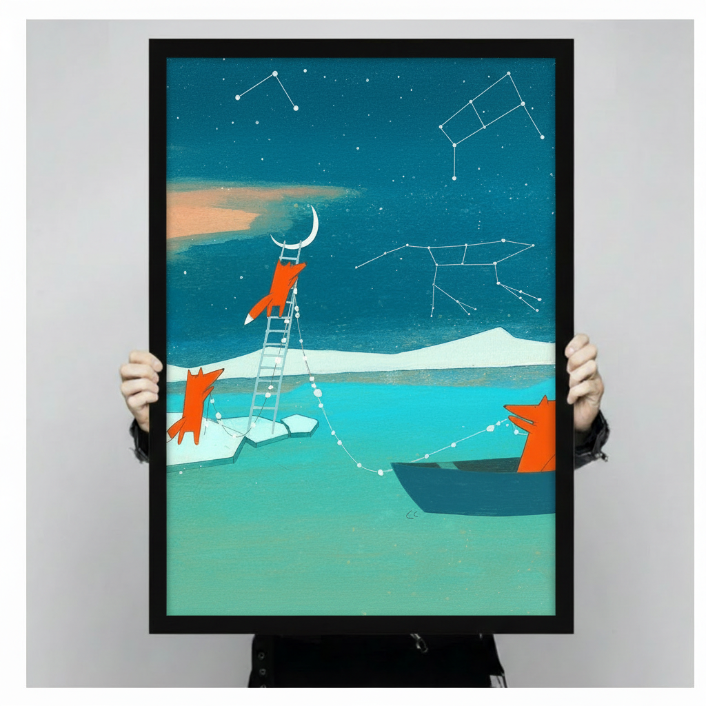 Close-up size reference of a black-framed whimsical fox art print featuring three orange foxes, a ladder reaching the crescent moon, and star constellation lines on a teal night sky, held by two hands