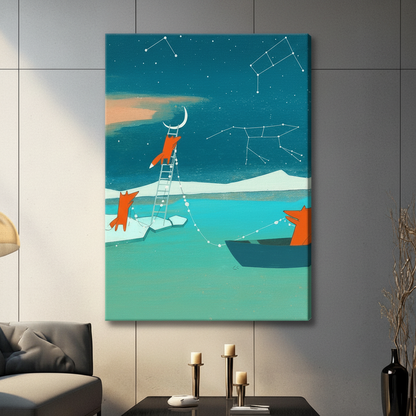 Unframed canvas print of a whimsical fox adventure scene with three orange foxes, a crescent moon, a ladder, and glowing star constellations on a deep teal background, hung in a contemporary grey living room