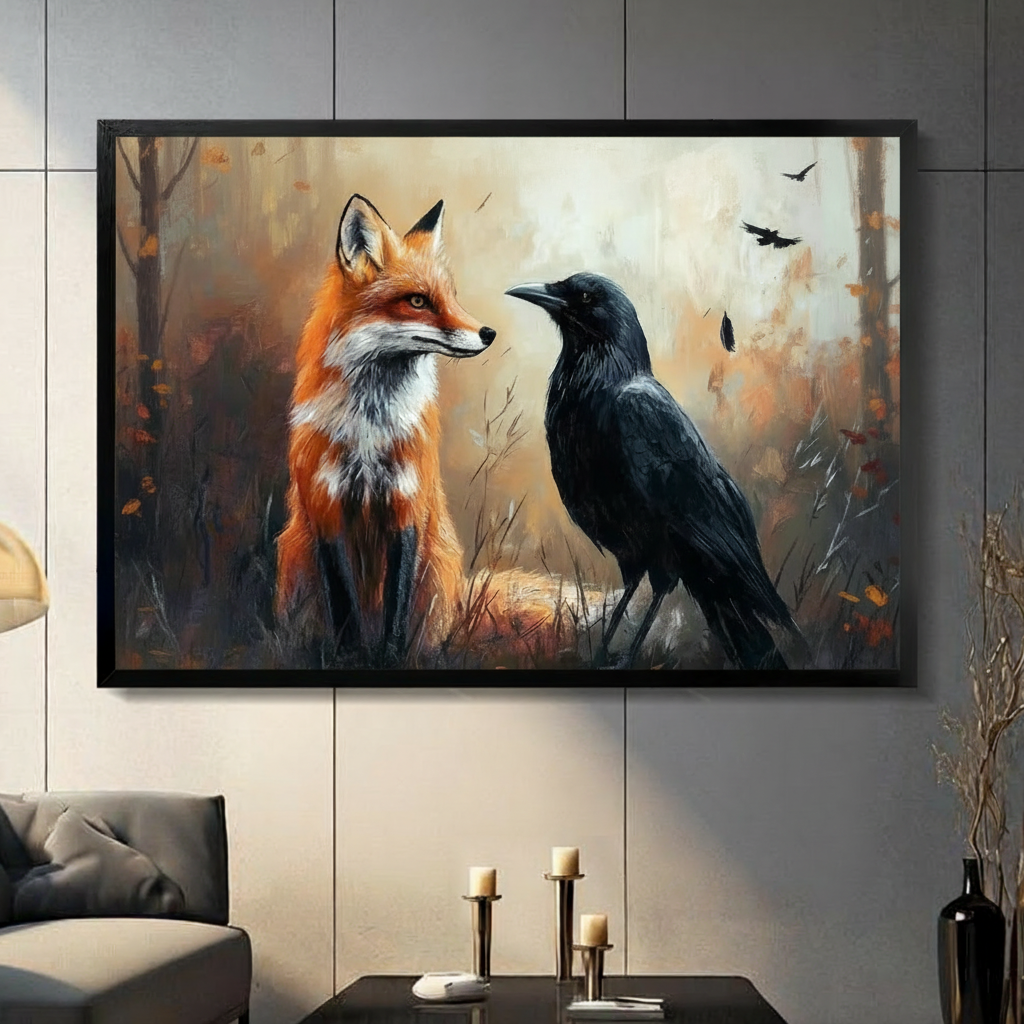 Red fox and black raven oil painting wall art in black frame hung on gray wall above console table in moody living room