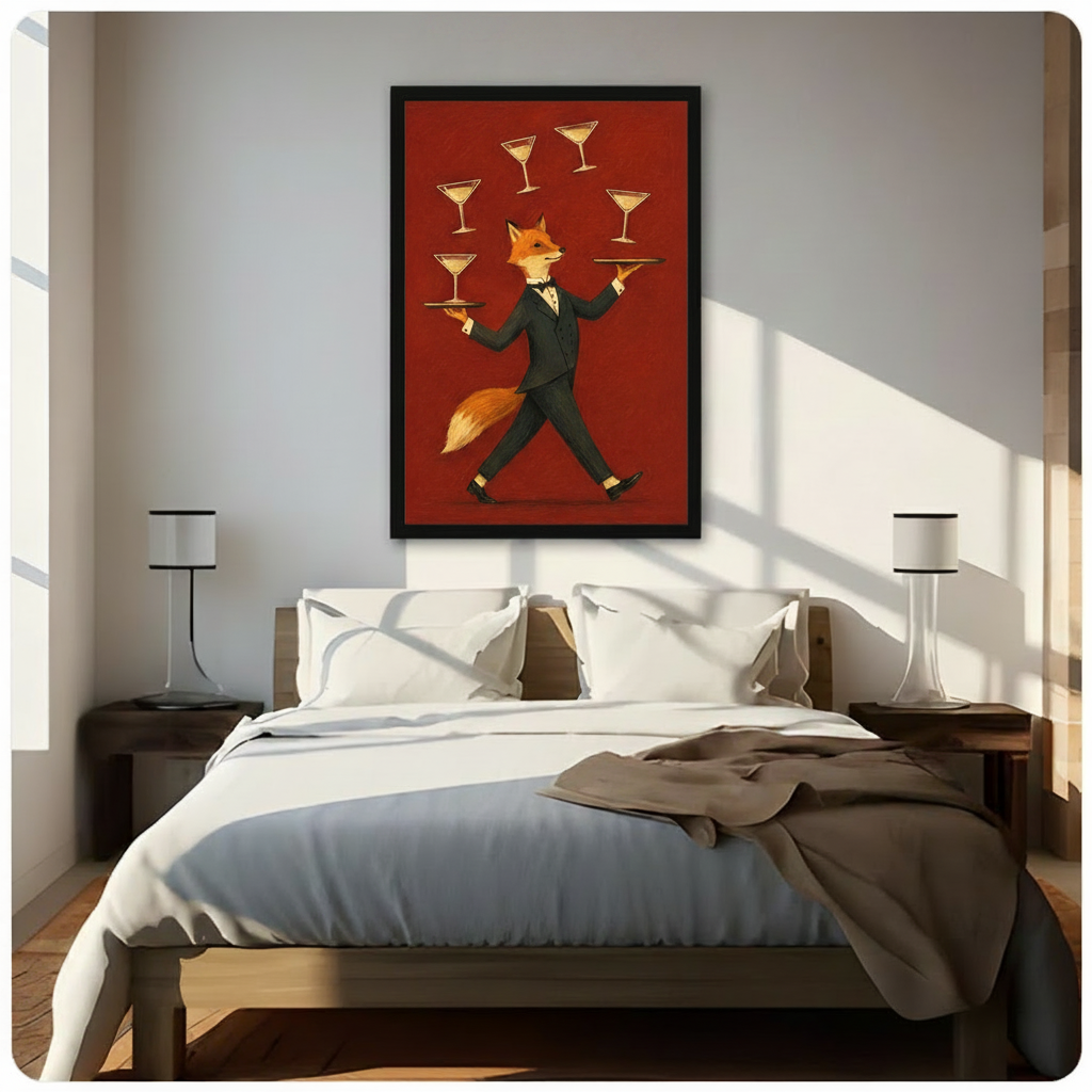 Whimsical fox waiter martini canvas wall art in black float frame above bed with white linen bedding and dark wood nightstands and white table lamps, crimson red animal illustration in bright sunlit American bedroom
