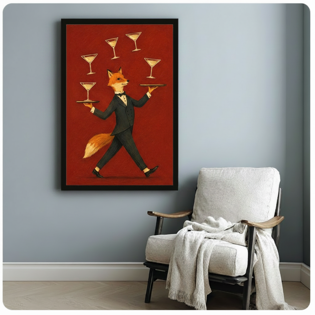 Whimsical fox in black tuxedo balancing martini glasses on crimson red background, black float frame canvas wall art hung on muted blue-gray wall beside white linen armchair with throw blanket in cozy American living room