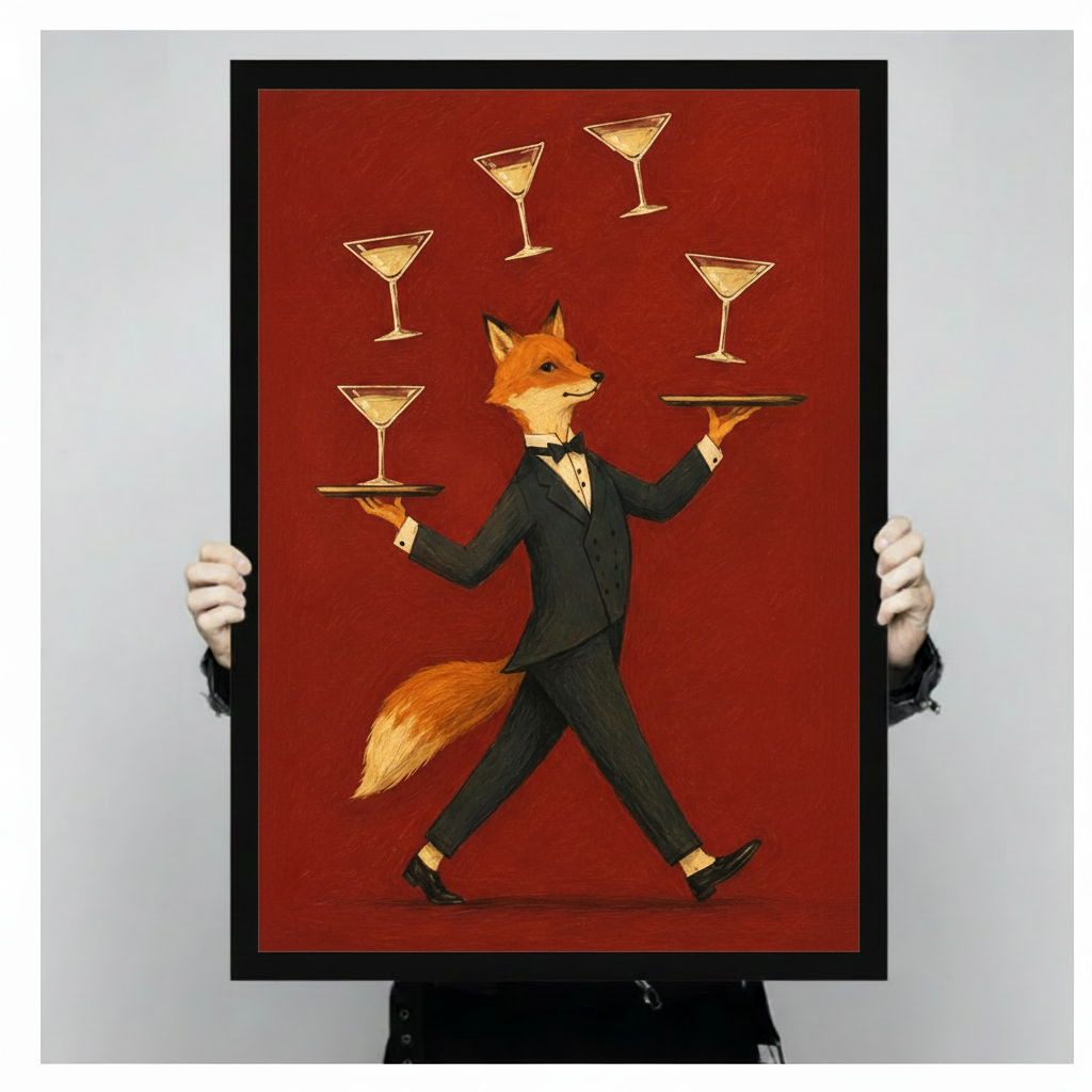 Person holding large black framed canvas print of red fox in black tuxedo with bow tie balancing two golden trays with six floating martini glasses on deep crimson red background, whimsical animal illustration studio product shot