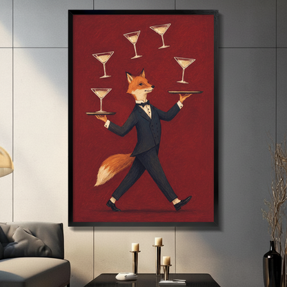 Dapper fox in dark navy tuxedo balancing golden trays with floating martini glasses on crimson red background, black float frame canvas wall art hung on gray tile wall above console table with candle holders in modern American living room