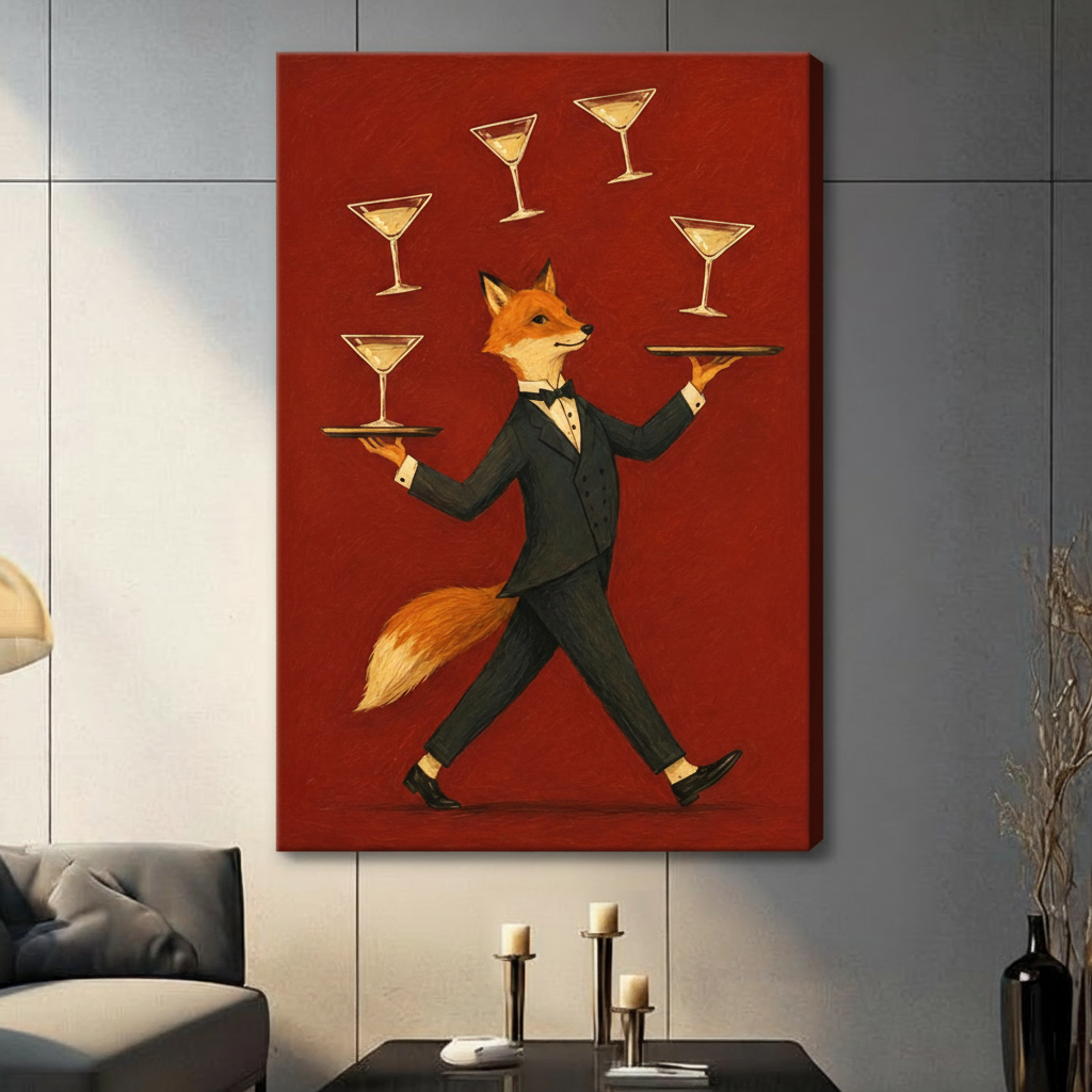 Red fox in black tuxedo with bow tie striding confidently while balancing martini glasses floating in arc above, crimson red background whimsical animal art, frameless gallery wrap stretched canvas hung on gray tile wall above console table in modern American living room