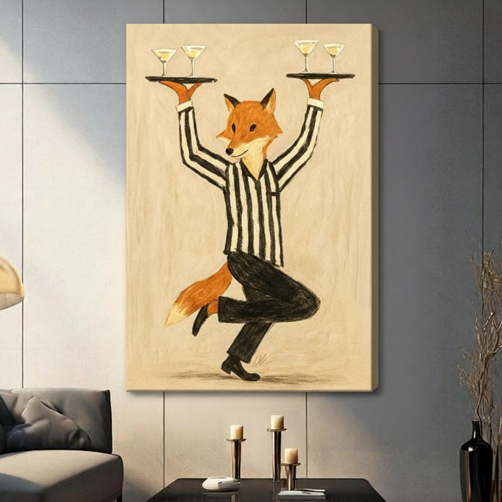 Whimsical painterly illustration of an upright red fox dressed in a black and white vertical stripe waiter top and black pants balancing on one leg holding two round gold serving trays with pairs of martini glasses on a warm cream brushstroke background playful fox waiter wall art stretched canvas in a living room with dark gray panel wall dark sofa and black vase