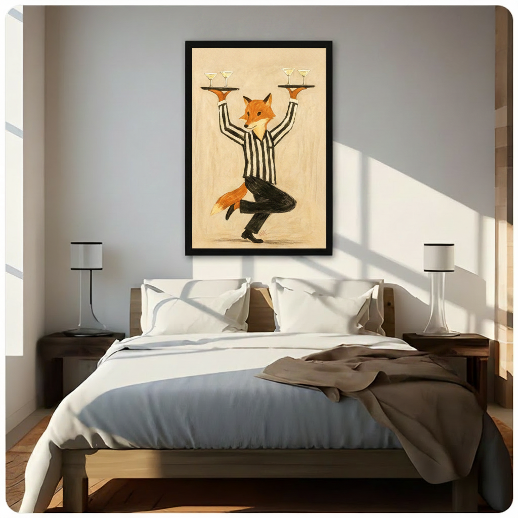 Whimsical painterly illustration of an anthropomorphic red fox in a striped black and white waiter shirt and black trousers standing on one leg while raising two gold trays holding martini cocktail glasses on a warm cream textured background charming fox waiter wall art framed print above a bedroom with white linen bedding dark wood bed frame and white table lamps