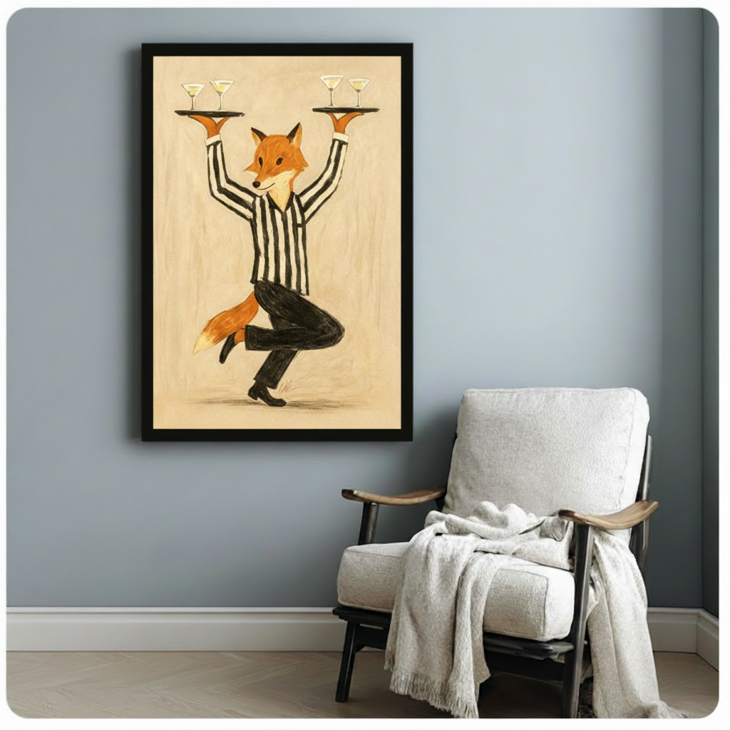 Whimsical painterly illustration of an anthropomorphic red fox in a black and white striped waiter shirt and black trousers balancing on one leg while raising two golden trays each holding two martini glasses on a warm cream textured background charming fox waiter wall art framed print beside a white linen armchair on a blue gray wall