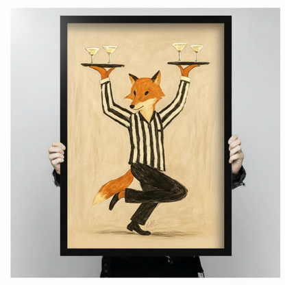 Whimsical painterly illustration of a dapper red fox in a bold black and white striped shirt and black trousers standing on one foot while balancing two gold trays with martini glasses above its head on a warm cream sketch-texture background fun fox waiter wall art framed print held against a light gray background