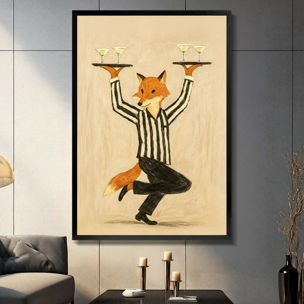 Whimsical painterly illustration of a smiling red fox in a bold black and white striped shirt and black pants balancing on one foot while holding up two golden circular trays each with two martini glasses on a warm cream textured background fun fox waiter wall art framed print in a living room with dark gray panel wall dark sofa and black vase