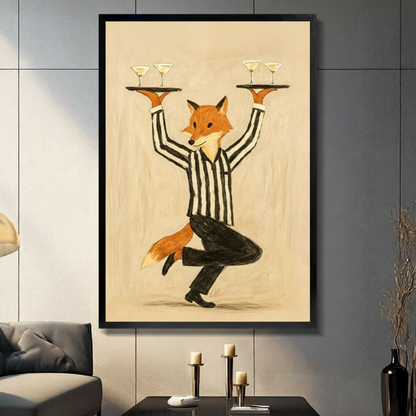 Whimsical painterly illustration of a smiling red fox in a bold black and white striped shirt and black pants balancing on one foot while holding up two golden circular trays each with two martini glasses on a warm cream textured background fun fox waiter wall art framed print in a living room with dark gray panel wall dark sofa and black vase