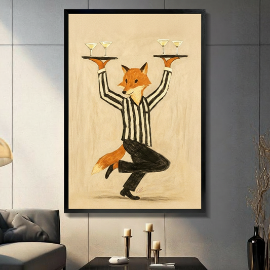 Whimsical painterly illustration of a smiling red fox in a bold black and white striped shirt and black pants balancing on one foot while holding up two golden circular trays each with two martini glasses on a warm cream textured background fun fox waiter wall art framed print in a living room with dark gray panel wall dark sofa and black vase