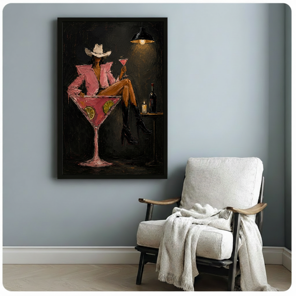 Cowgirl in pink blazer sitting in giant martini glass, moody bar impasto canvas wall art in black float frame on light blue-gray wall beside white linen armchair with throw blanket in cozy American living room