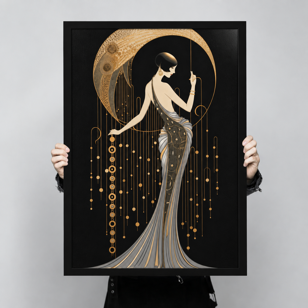 Framed art deco woman moon canvas wall art held by hands, featuring an elegant woman beneath a gold crescent moon