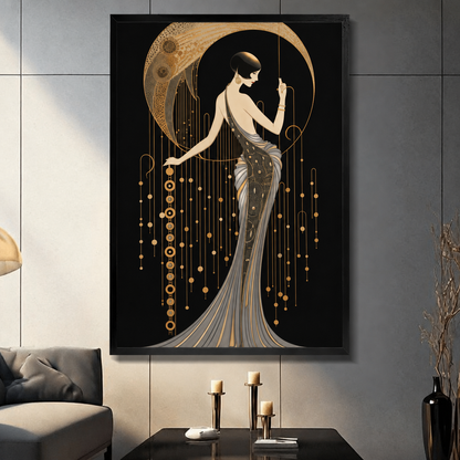 Framed art deco woman moon canvas wall art displayed in a living room with a black and gold geometric design