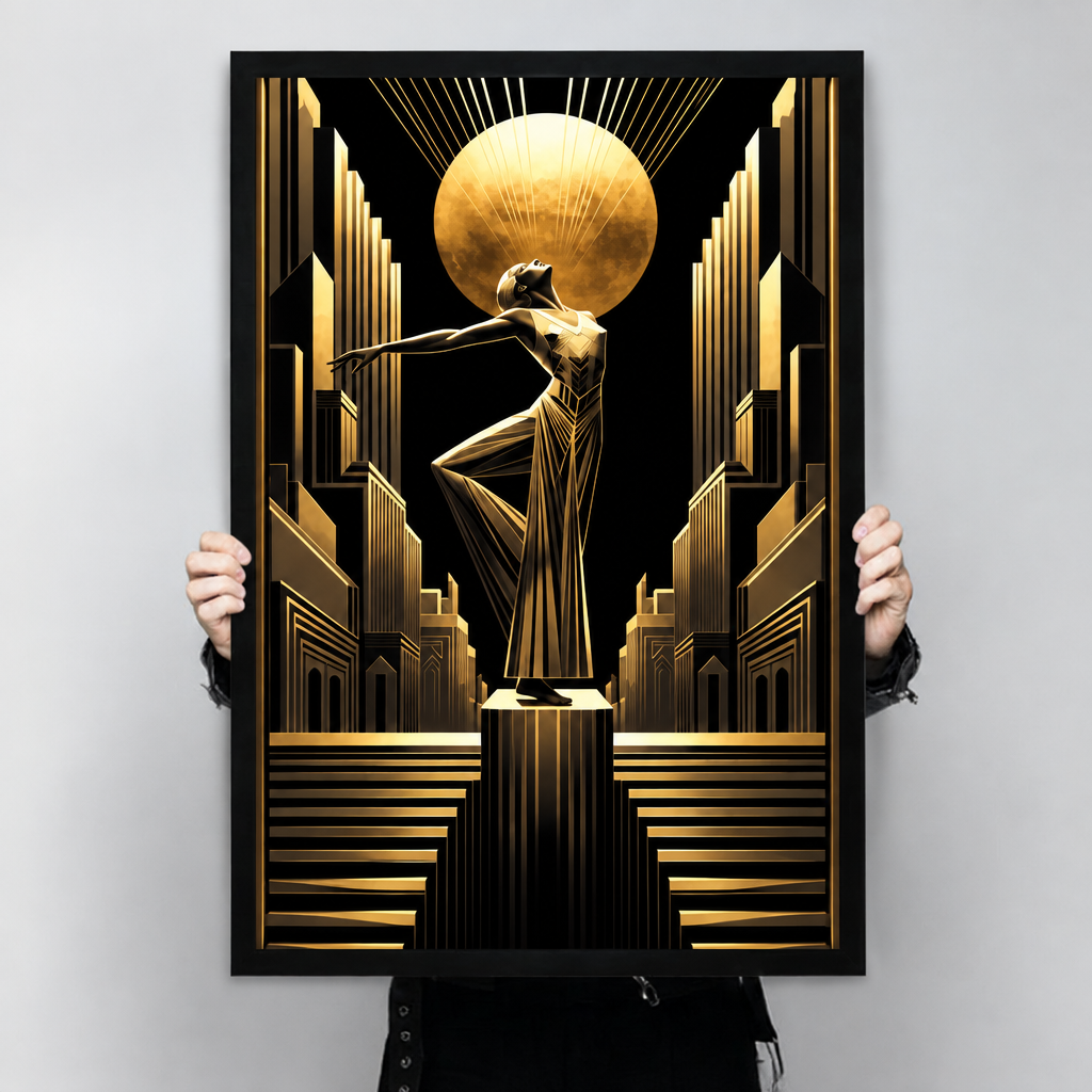 Framed art deco woman sun canvas wall art held by hands, featuring a dramatic dancer beneath a radiant golden sun