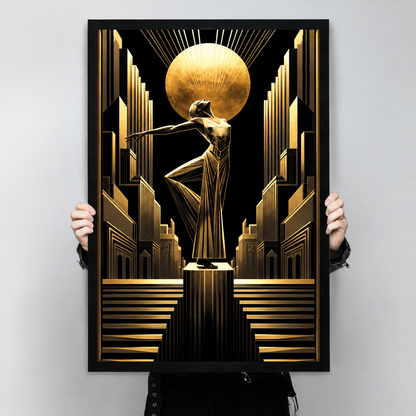 Framed art deco woman sun canvas wall art held by hands, featuring a dramatic dancer beneath a radiant golden sun