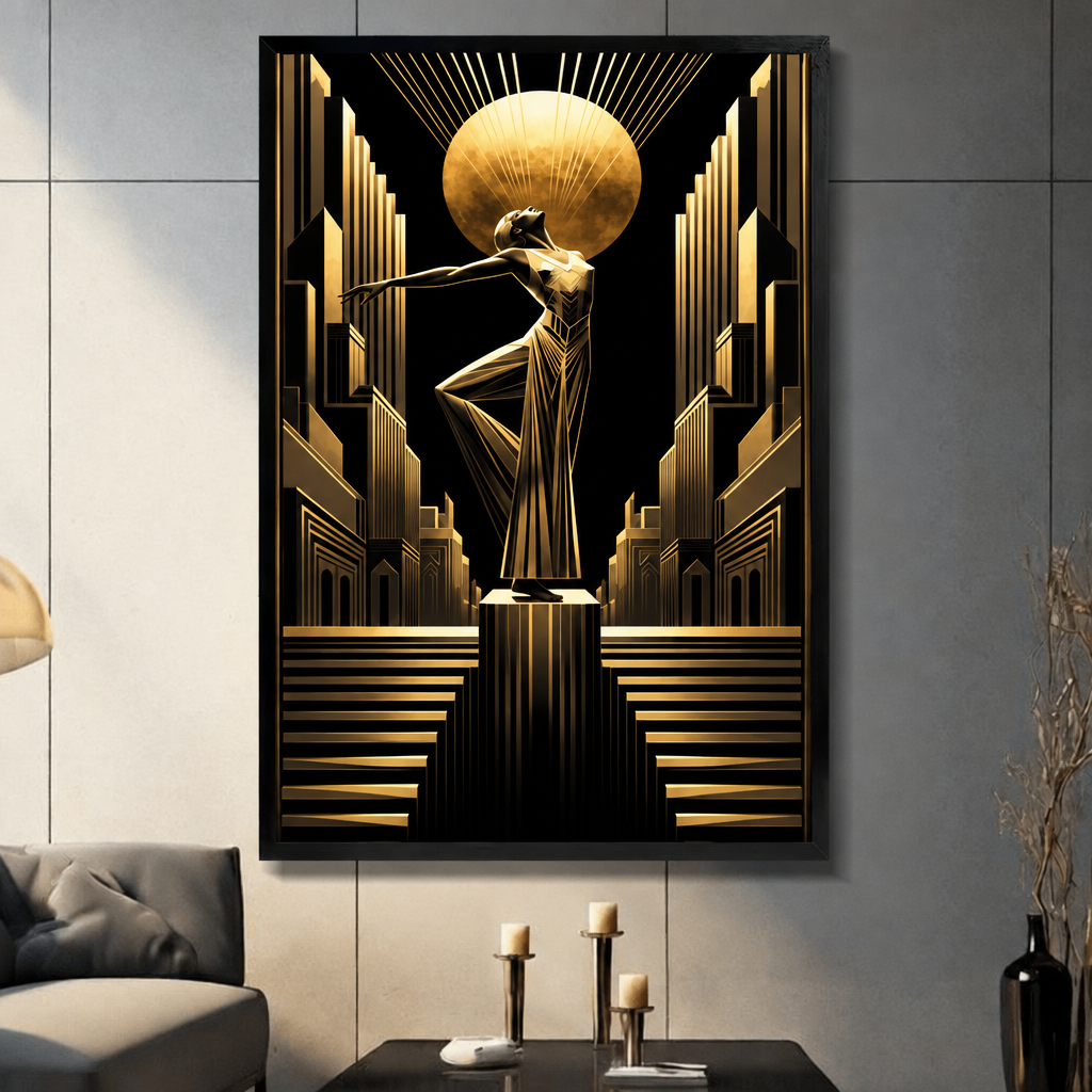  Framed art deco woman sun canvas wall art displayed in a living room with a golden sun and geometric cityscape