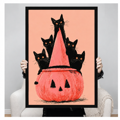 Person holding framed Halloween wall art featuring five black cats around a coral pumpkin and witch hat.